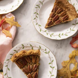 Pinterest graphic of three pieces of pecan pie on porcelain plates.