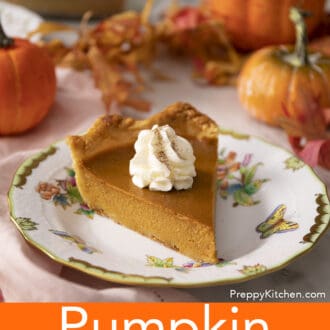 Pinterest graphic of a piece of pumpkin pie on a colorful plate with pumpkins in the background.