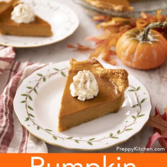 Pinterest graphic of a slice of pumpkin pie on a green and white plate.
