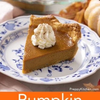 Pinterest graphic of a slice of homemade pumpkin pie topped with whipped cream.