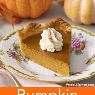 Pinterest graphic of a piece of pumpkin pie on a colorful plate with whole pumpkins in the background.