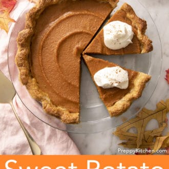 Pinterest graphic of a sweet potato pie with two pieces topped with whipped cream.