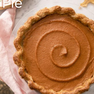 Pinterest graphic of a beautiful sweet potato pie topped with a swirl.
