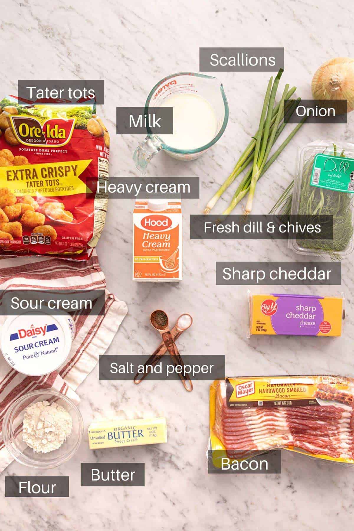 An overhead shot of all the ingredients you need to make tater tot casserole