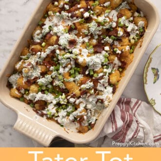 A casserol dish filled with tater tot casserole.