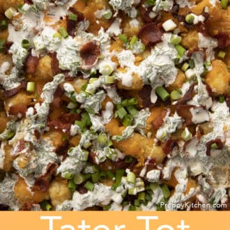 A closeup shot of a tater tot casserole with bacon..