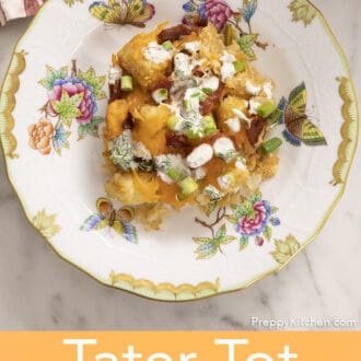 A portion of tater tot casserole on a porcelain plate.
