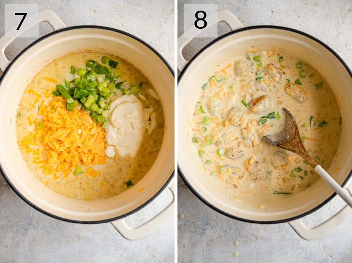 Two photos of the final stage of making a tater tot casserole