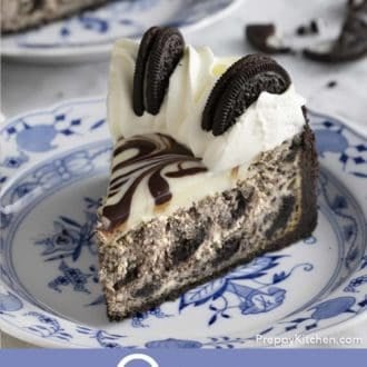 Pinterest graphic of a slice of oreo cheesecake on a plate.