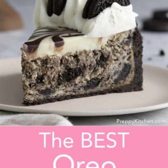 Pinterest graphic of a slice of Oreo cheesecake on a plate.