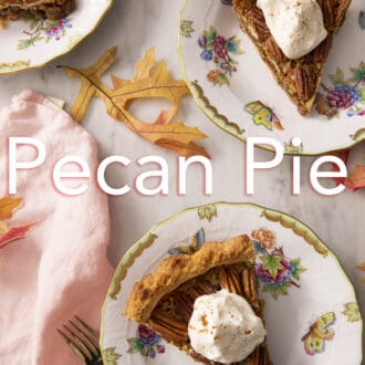 Pinterest graphic of three pieces of pecan pie on plates.