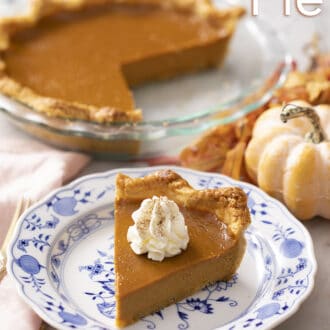 Pinterest graphic of a piece of pumpkin pie on a blue and white plate.