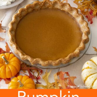 Pinterest graphic of a whole pumpkin pie with pumpkins and other fall decor surrounding it.