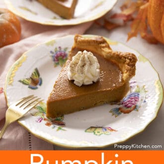Pinterest graphic of a slice of pumpkin pie topped with whipped cream on a patterned plate.