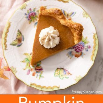 Pinterest graphic of an overhead shot of pumpkin pie on a plate with a butterfly pattern.