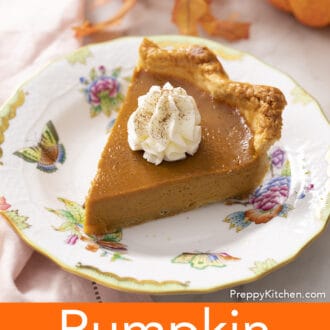 Pinterest graphic of a piece of pumpkin pie on a colorful plate.