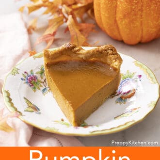 Pinterest graphic of a slice of pumpkin pie with fall decorations behind it.