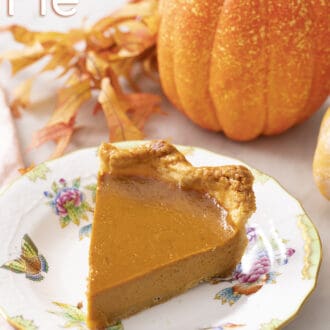Pinterest graphic of a slice of easy pumpkin pie with fall decorations behind.