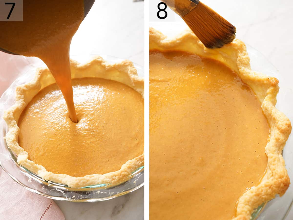 Set of two images showing pumpkin pie filling poured into a blind baked crust and the crust brushed with egg wash.