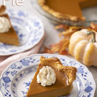 Pinterest graphic of a piece of pumpkin pie on a blue and white plate with the rest of the pie in the background.
