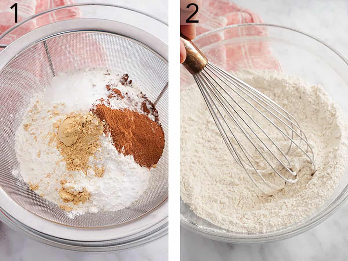Set of two images showing dry ingredients for gingersnap cookies sifted then whisked together in a large bowl.