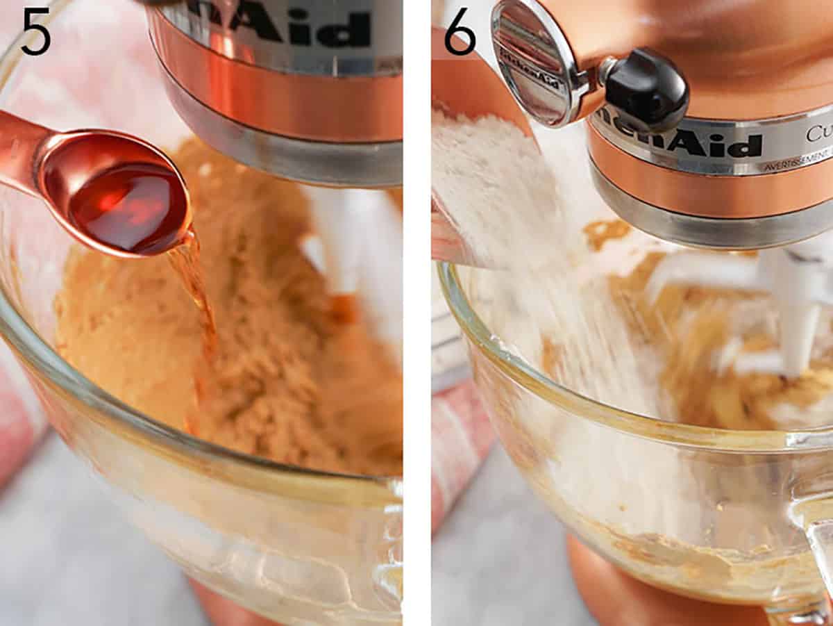 Set of two images showing gingersnap cookie dough mixed together in the bowl of a stand mixer.