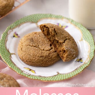 Pinterest graphic of a broken and whole molasses cookie on a green and white plate.