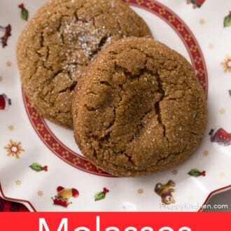 Pinterest graphic of a Christmas plate with two molasses cookies.