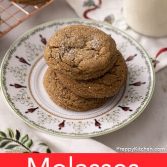Pinterest graphic of a Christmas plate of molasses cookies.