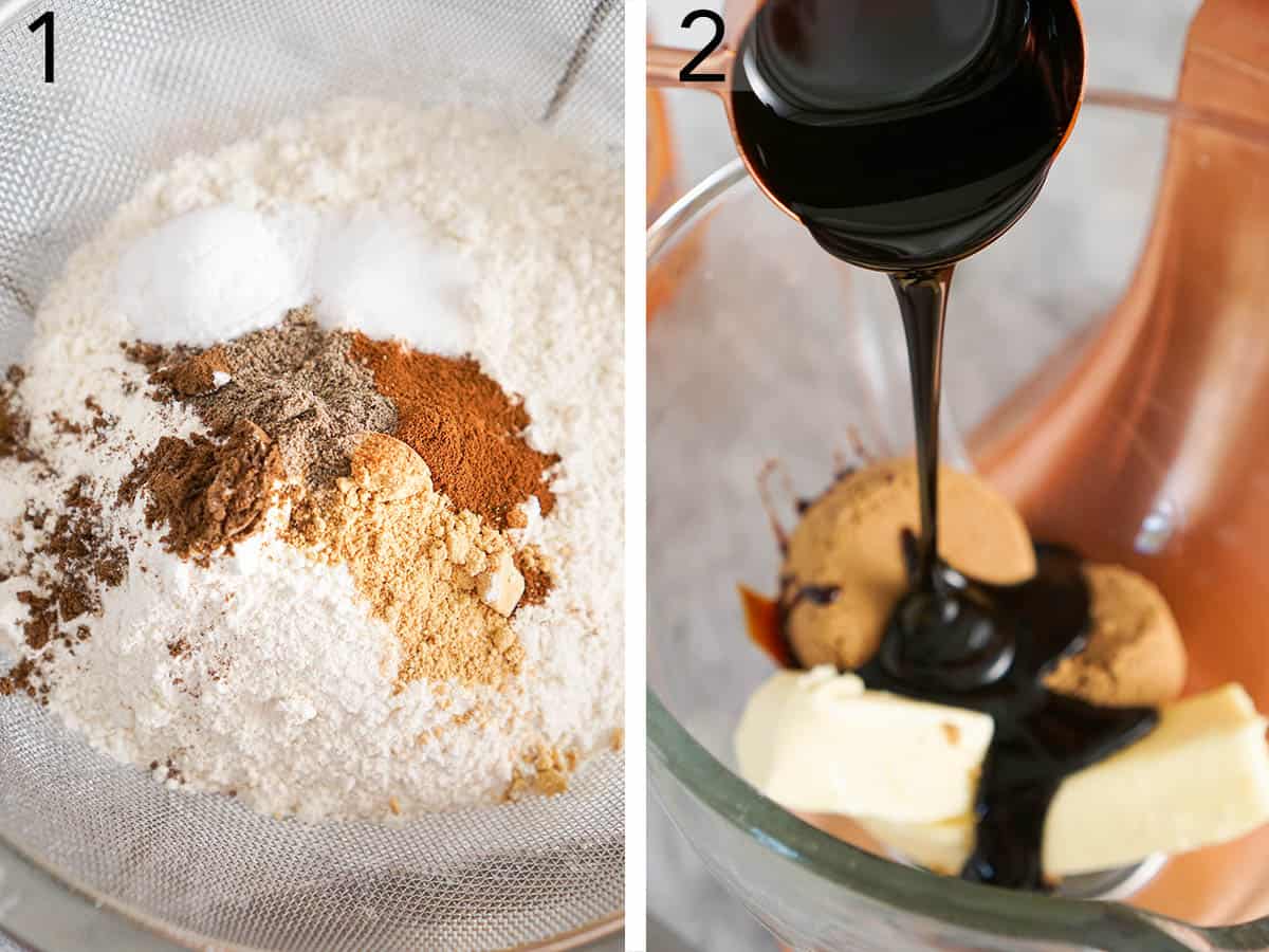 Set of two photos showing flour and spices added into a bowl and molasses poured into a mixer of butter and sugar.