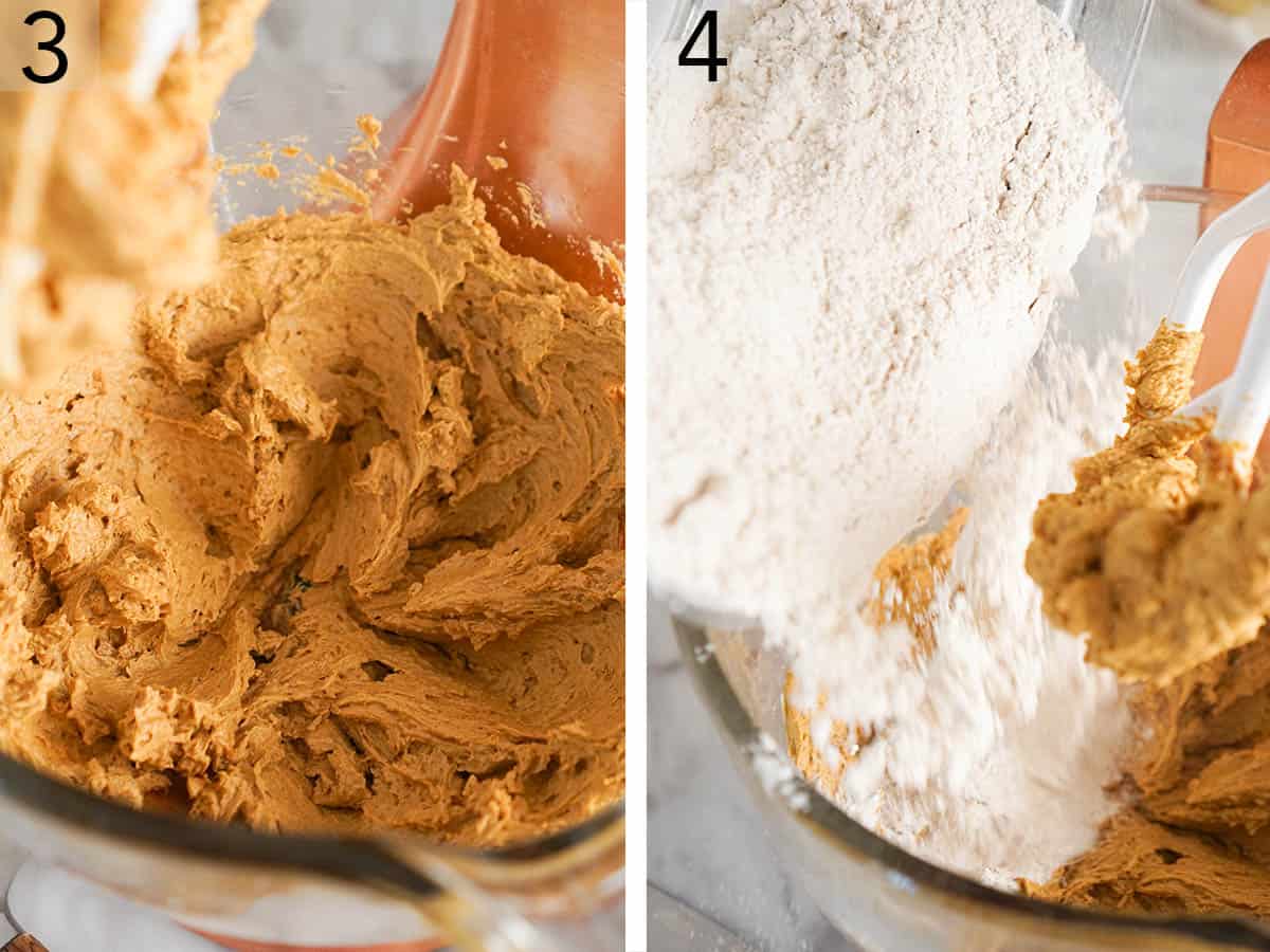 Set of two photos showing creamed butter in a mixer and flour mixture added.
