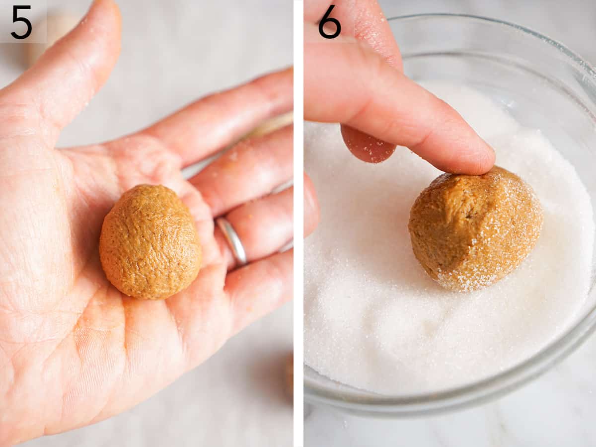 Set of two photos showing rolled cookie dough in a hand then dough rolled in sugar.