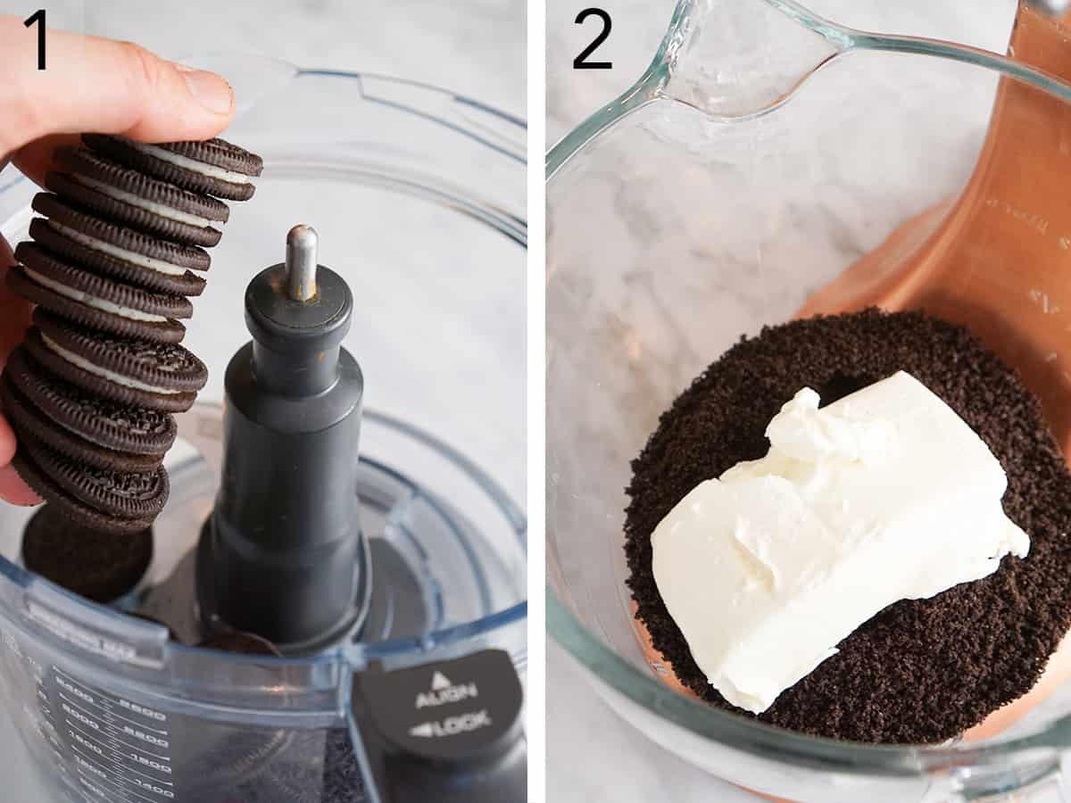 Two photos showing Oreos added to a food processor and mixed with cream cheese.