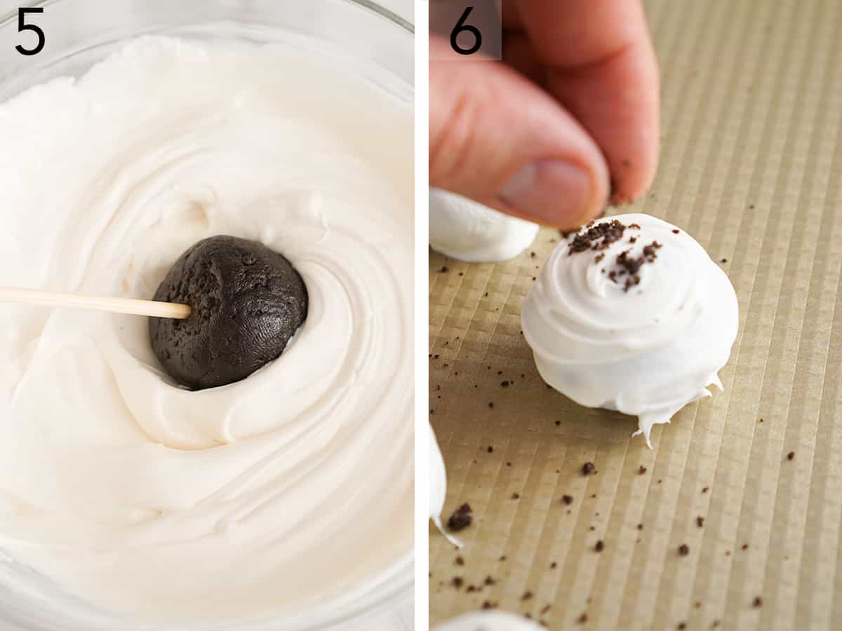 Two photos showing Oreo balls being dipped in melted chocolate wafer and decorated with cookie crumbs.