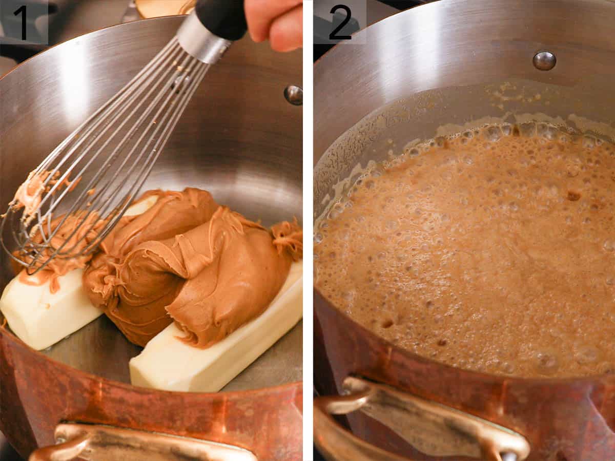 Set of two photos showing butter and peanut butter added to a saucepan and simmered.