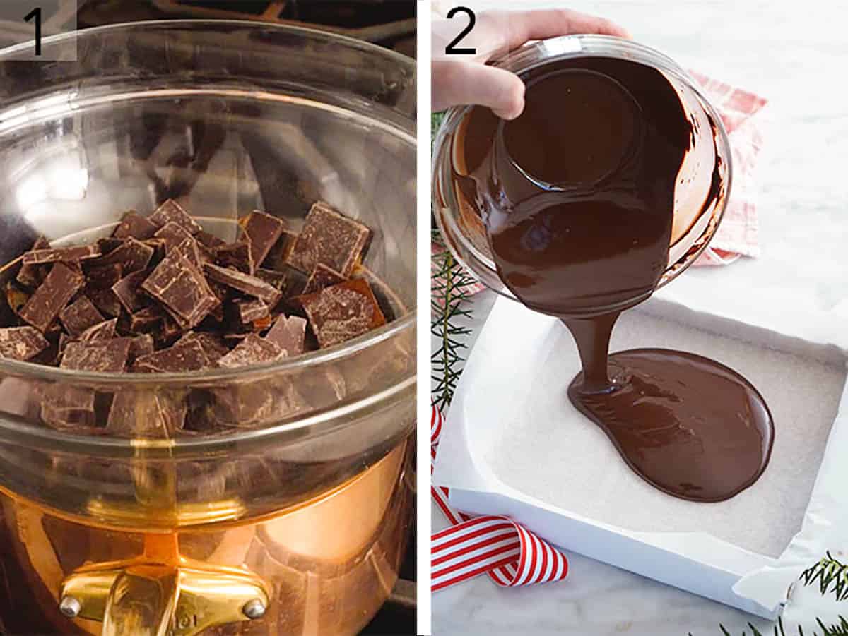 Two photos showing dark chocolate being melted and poured to make peppermint bark.