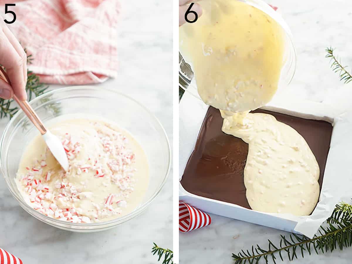 Two photos showing white chocolate being mixed with candy cane pieces and poured to make peppermint bark.