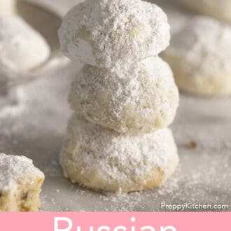 Pinterest graphic of three Russian tea cakes stacked on top of one another.