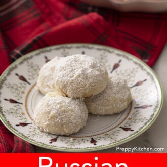 Pinterest graphic of Russian tea cakes on a plate decorated with a Christmas theme.