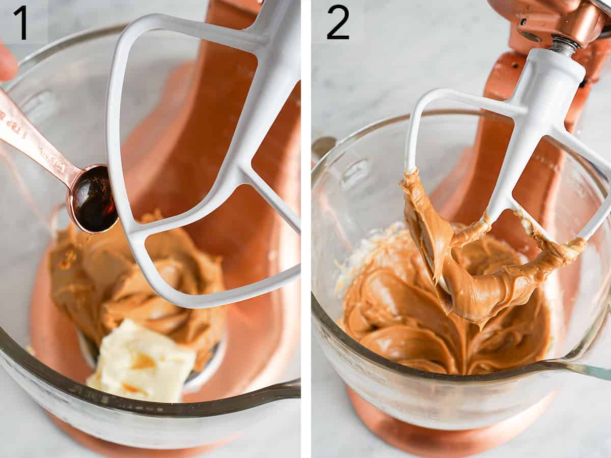 Peanut butter, butter and vanilla getting mixed in a bowl.