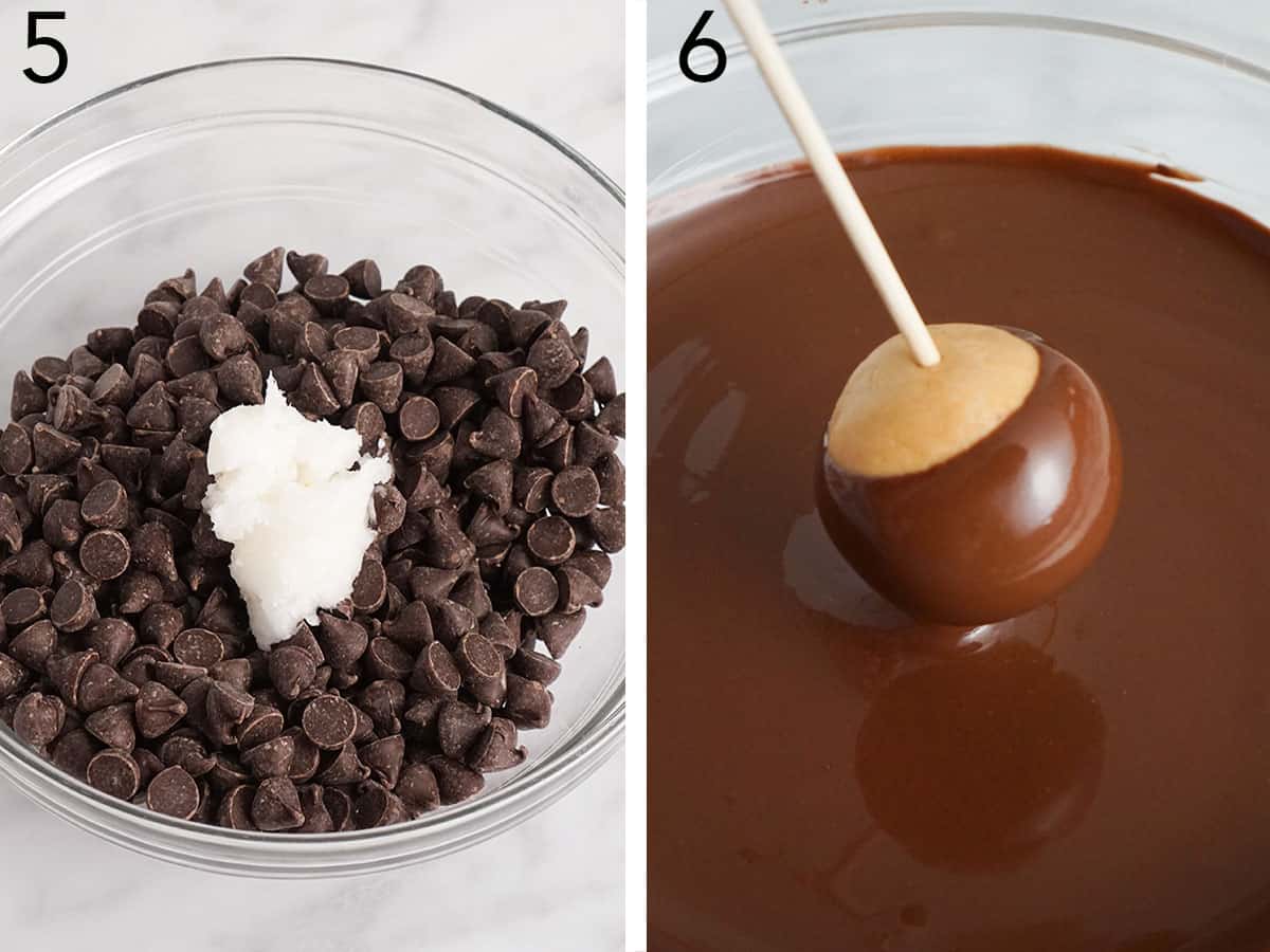 Peanut butter balls getting dipped into melted chocolate.