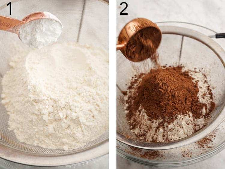 Cocoa being added to dry ingrediennts for chocolate sugar cookie dough.