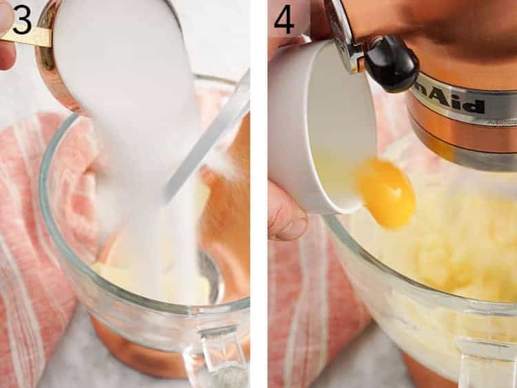 Eggs sugar and butter getting mixed in a bowl for chocolate sugar cookies.