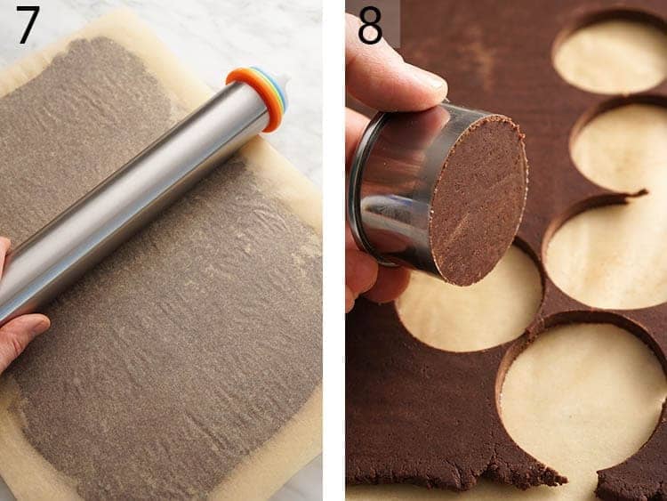 Chocolate sugar cookie dough getting rolled out and cut.