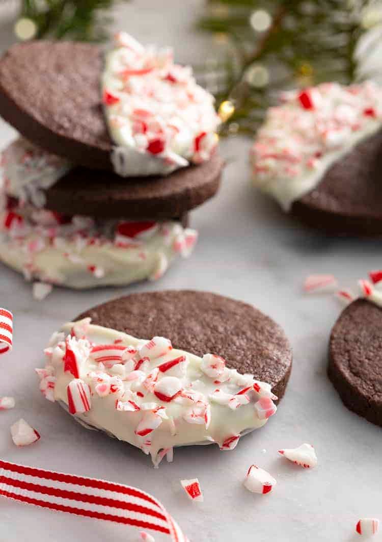 Chocolate sugar cookies dipped in white chocolate and sprinkled with crushed candy canes.