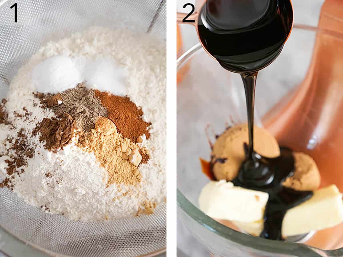 Two photos showing spices and flour getting sifted for gingerbread men and butter getting mixed with brown sugar.