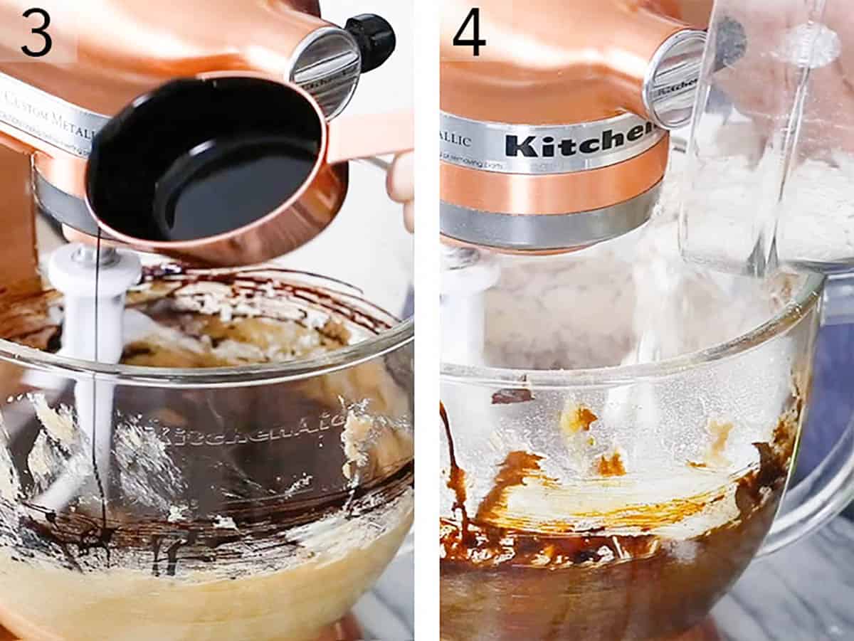 Two photos showing molasses and flour added to a bowl with butter and sugar to make gingerbread cookies.