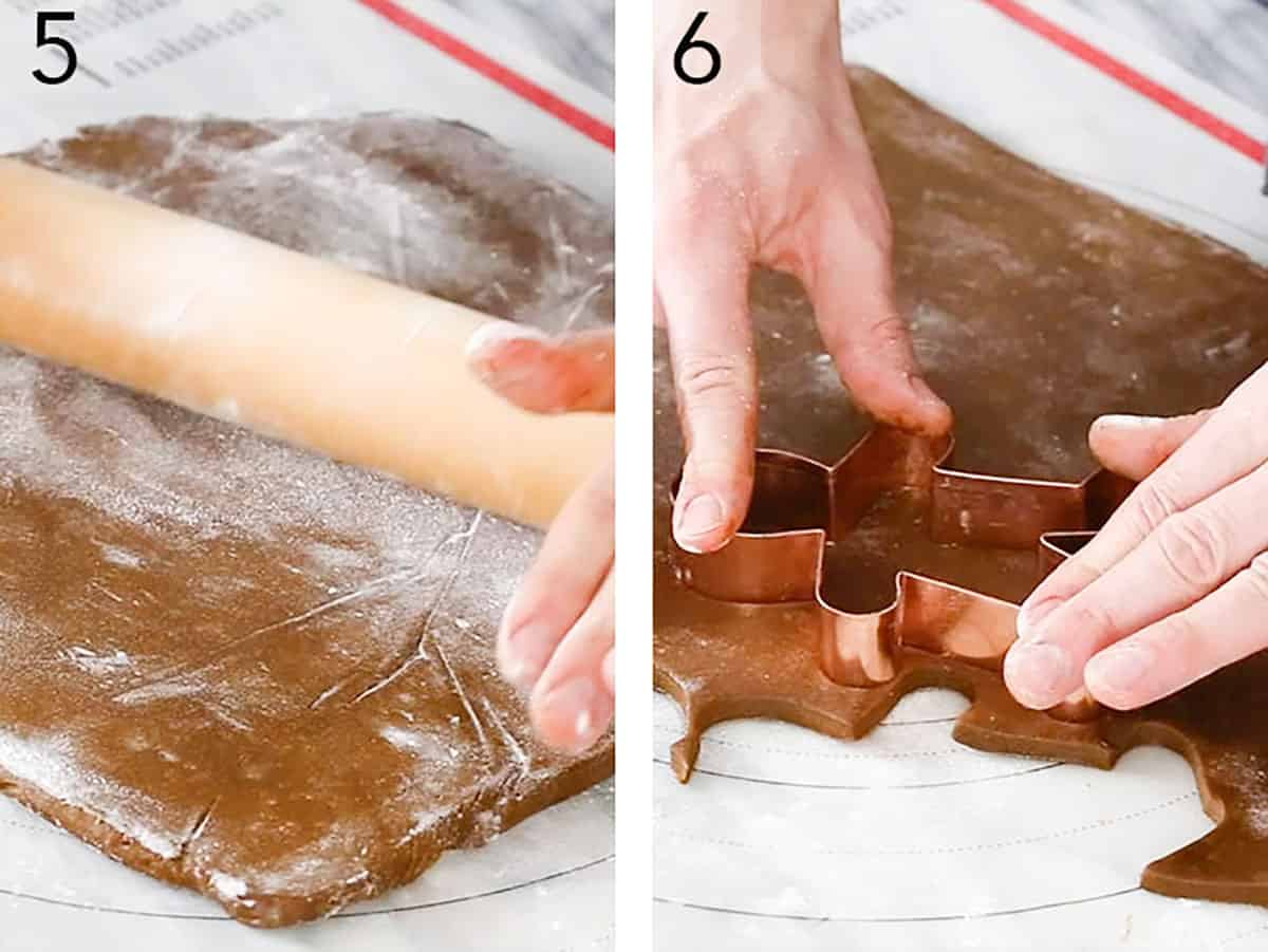 Two photos showing gingerbread cookie dough rolled out and cut into shapes.