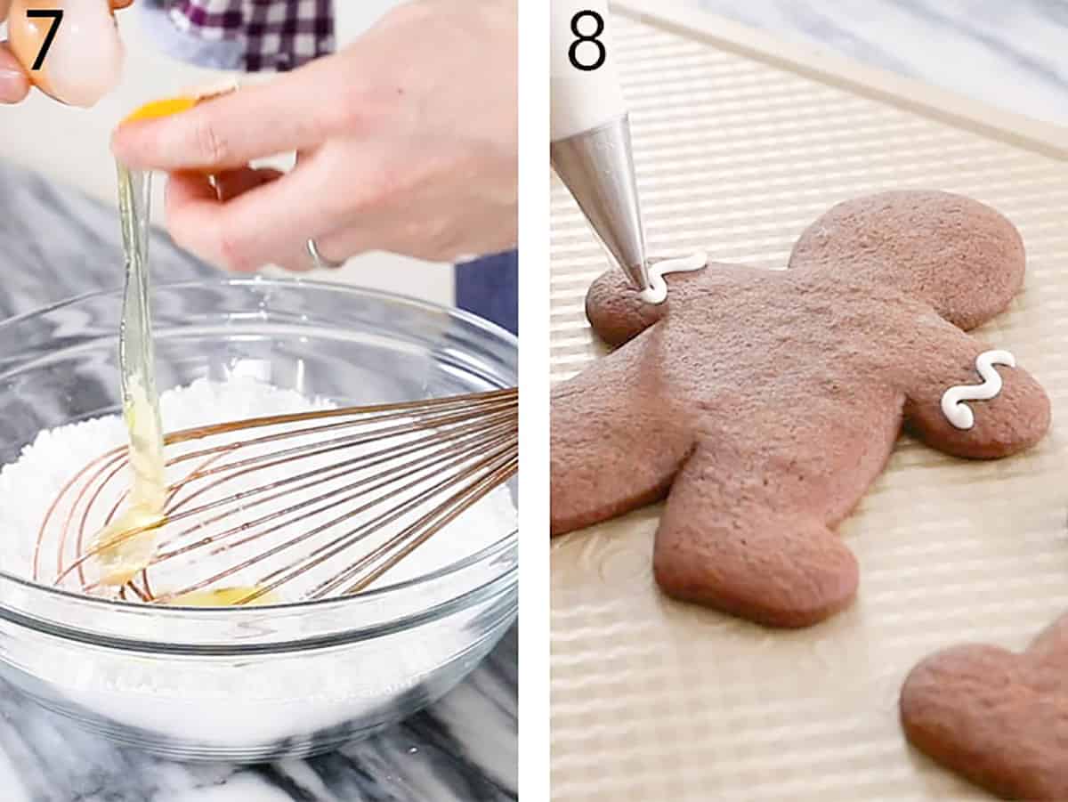Two photos showing royal icing for gingerbread men mixed then piped onto gingerbread cookies.