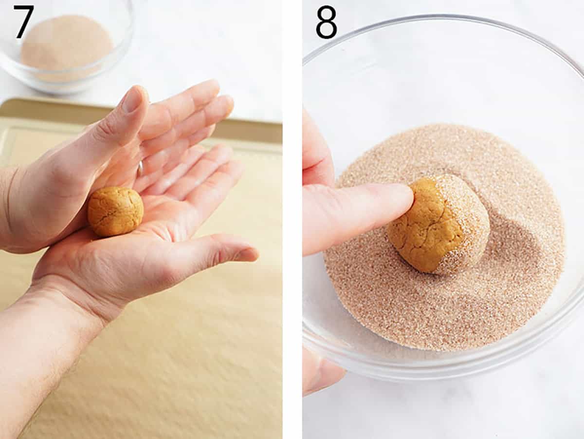 Set of two images showing balls of gingersnap dough shaped and rolled in cinnamon sugar.